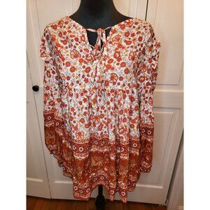NWT Kaywide Orange/White Floral Print Babydoll Tunic XL Boho Peasant Ruffle Poet